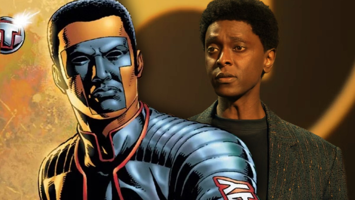 Comic book artwork of Mister Terrific and a still of Edi Gathegi