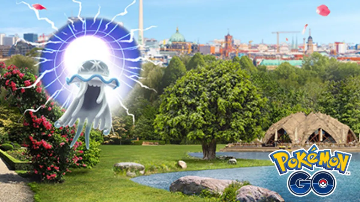 Pokemon GO image showing Nihilego bursting from an Ultra Wormhole