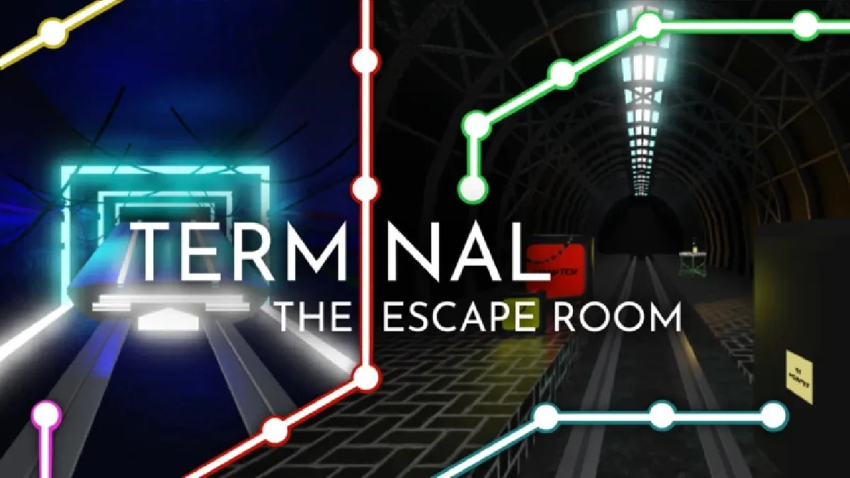 Keyart for Terminal: The Escape Room on Roblox, featuring a variety of different colored lines and imagery from the experience