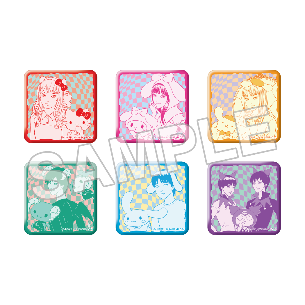 Image of six stickers, with three feature Junji Ito's Tomie and three Sanrio character and three featuring the characters from Lovesickness Dead manga and three sanrio characters